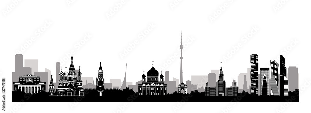 Panorama of Moscow vector illustration. Moscow architecture. Cartoon Russia symbols and objects. Panorama postcard and travel poster of world famous landmarks of Moscow, Russia in flat style.