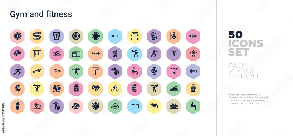 50 gym and fitness vector icons set in a colorful hexagon buttons 50 gym and fitness vector icons set in a colorful hexagon buttons