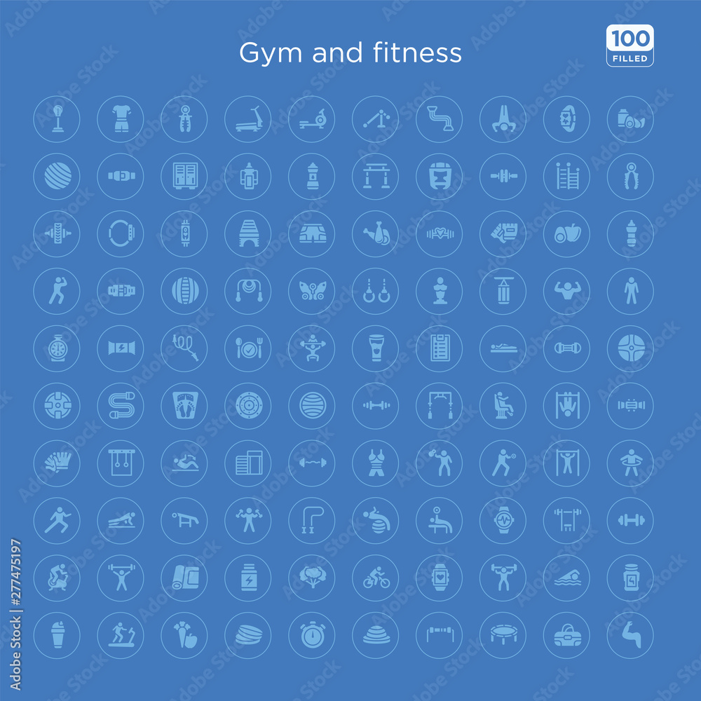 100 blue round gym and fitness vector icons set such as steroids, man swimming, lifting barbell, fitness bracelet, riding bicycle, broccoli porcion, phytonutrients, mat for fitness.