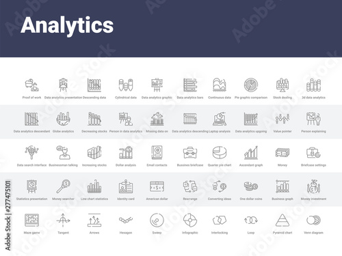 50 analytics set icons such as venn diagram, pyramid chart, loop, interlocking, infographic, sweep, hexagon, arrows, tangent. simple modern vector icons can be use for web mobile
