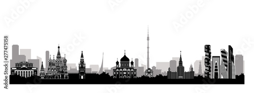 Panorama of Moscow vector illustration. Moscow architecture. Cartoon Russia symbols and objects. Panorama postcard and travel poster of world famous landmarks of Moscow, Russia in flat style.