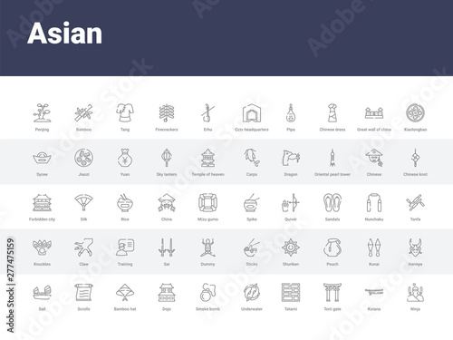 50 asian set icons such as ninja, katana, torii gate, tatami, underwater, smoke bomb, dojo, bamboo hat, scrolls. simple modern vector icons can be use for web mobile