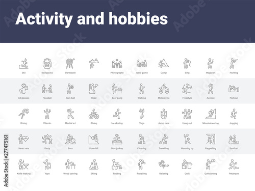 50 activity and hobbies set icons such as petanque, questioning, quilt, relaxing, repairing, resting, skiing, wood carving, yoyo. simple modern vector icons can be use for web mobile