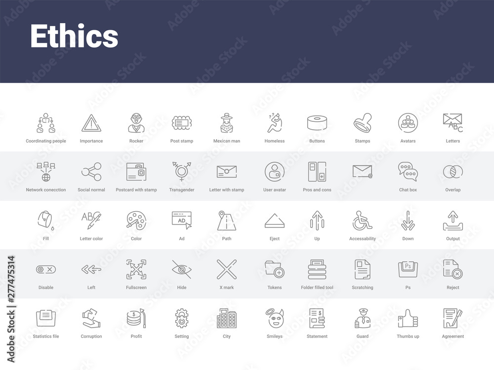 50 ethics set icons such as agreement, thumbs up, guard, statement, smileys, city, setting, profit, corruption. simple modern vector icons can be use for web mobile