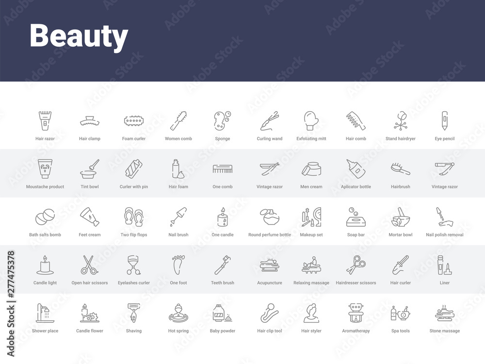 50 beauty set icons such as stone massage, spa tools, aromatherapy, hair styler, hair clip tool, baby powder, hot spring, shaving, candle flower. simple modern vector icons can be use for web mobile