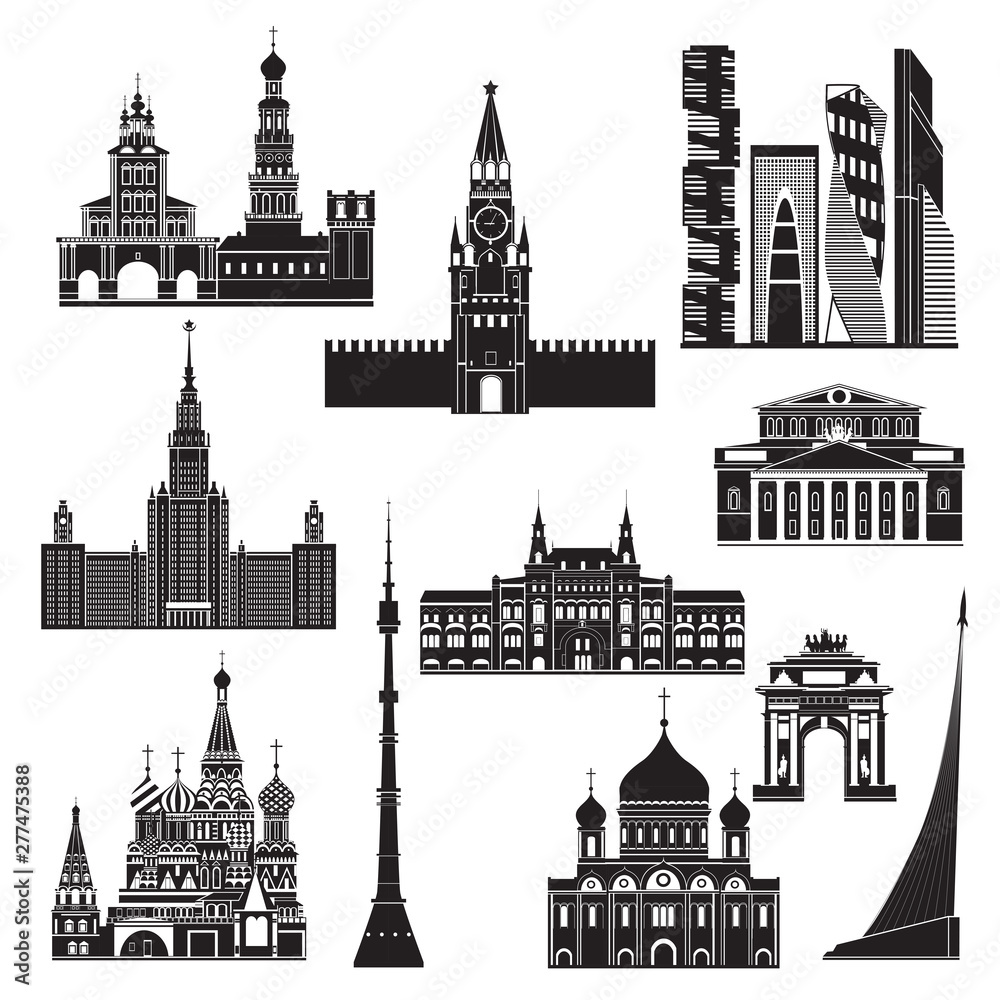 Cartoon symbols and objects set of Moscow. Popular tourist ...