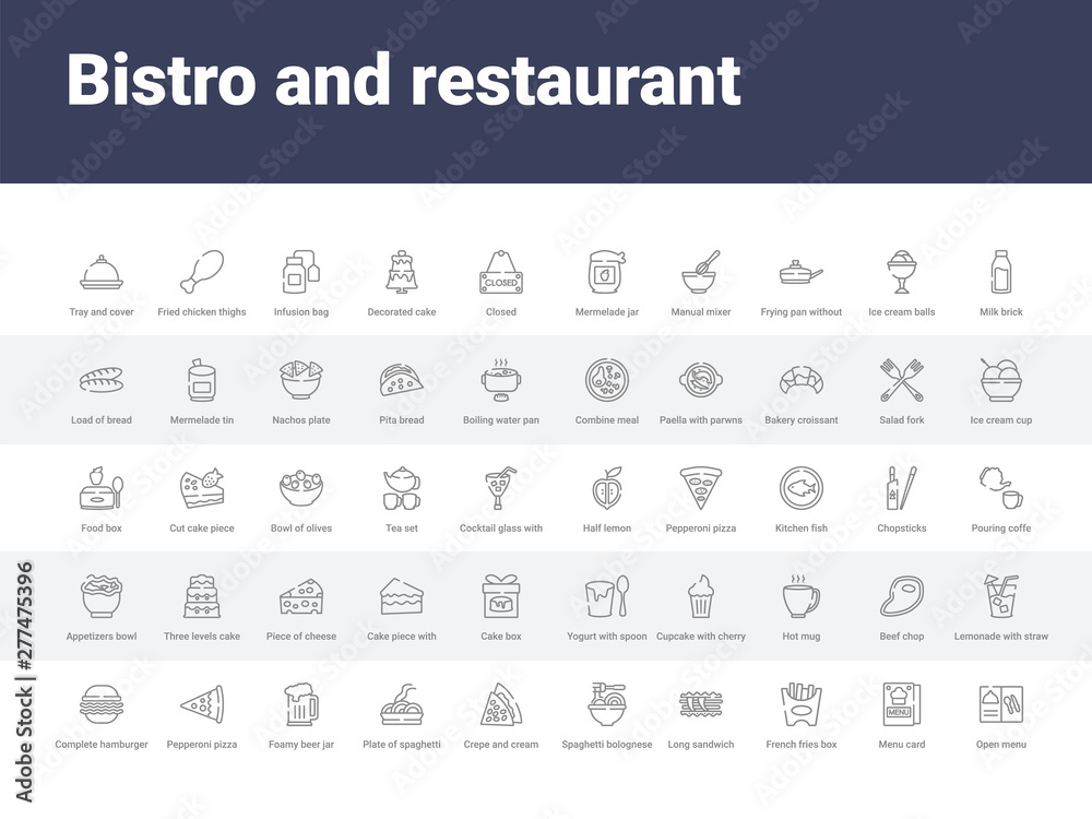 50 bistro and restaurant set icons such as open menu, menu card, french fries box, long sandwich, spaghetti bolognese, crepe and cream, plate of spaghetti, foamy beer jar, pepperoni pizza slice.