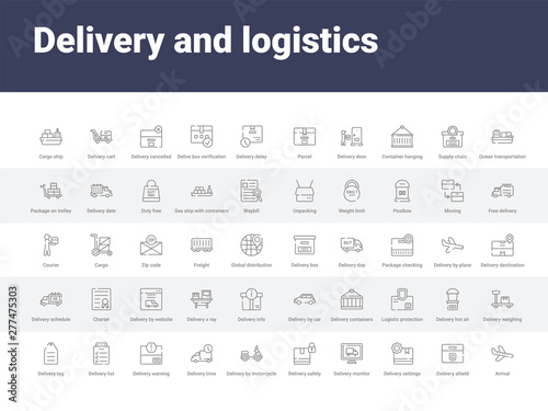 50 delivery and logistics set icons such as arrival, delivery shield, delivery settings, monitor, safety, by motorcycle, time, warning, list. simple modern vector icons can be use for web mobile