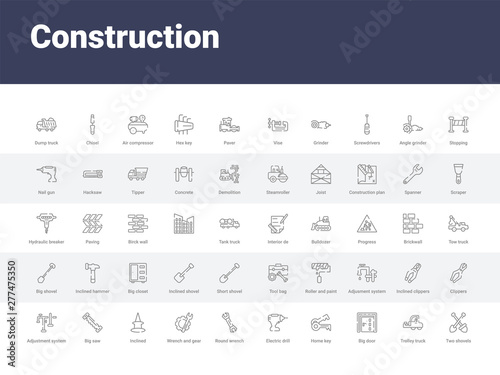 50 construction set icons such as two shovels, trolley truck, big door, home key, electric drill, round wrench, wrench and gear, inclined, big saw. simple modern vector icons can be use for web