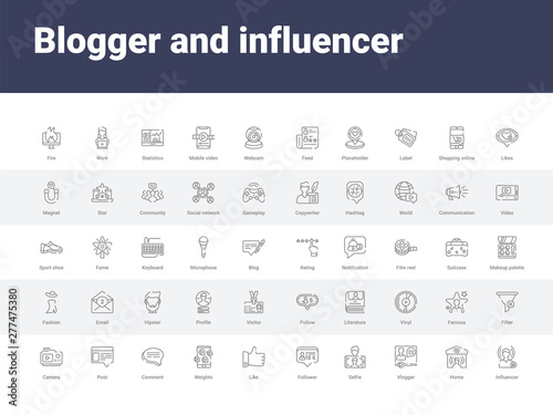 50 blogger and influencer set icons such as influencer, home, vlogger, selfie, follower, like, weights, comment, post. simple modern vector icons can be use for web mobile