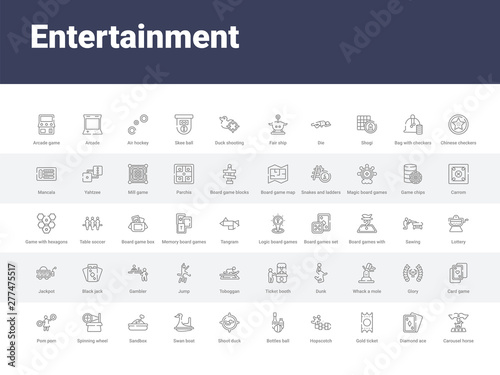 50 entertainment set icons such as carousel horse, diamond ace, gold ticket, hopscotch, bottles ball, shoot duck, swan boat, sandbox, spinning wheel. simple modern vector icons can be use for web