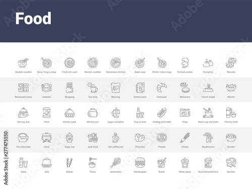 50 food set icons such as butcher, scale balanced tool, water glass, butter, hamburguer, jawbreaker, pasta, kebab, jelly. simple modern vector icons can be use for web mobile