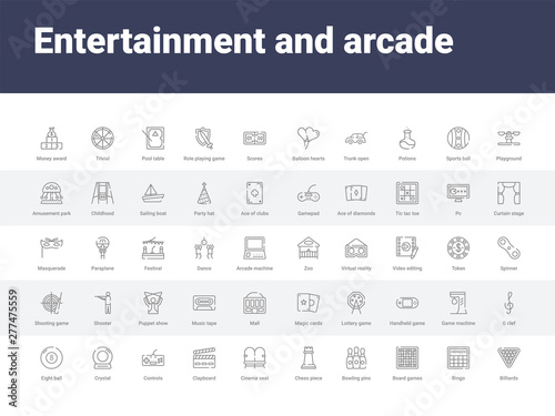 50 entertainment and arcade set icons such as billiards, bingo, board games, bowling pins, chess piece, cinema seat, clapboard, controls, crystal. simple modern vector icons can be use for web