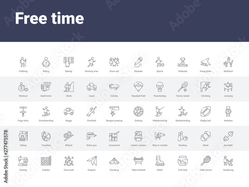50 free time set icons such as gardening, table tennis, fish tank, roller, table football, camping, origami, disco ball, sudoku. simple modern vector icons can be use for web mobile