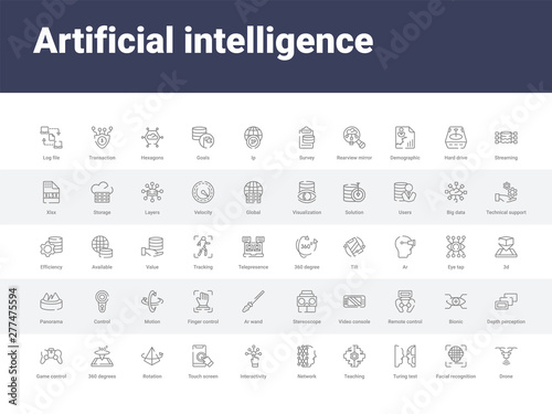 50 artificial intelligence set icons such as drone, facial recognition, turing test, teaching, network, interactivity, touch screen, rotation, 360 degrees. simple modern vector icons can be use for