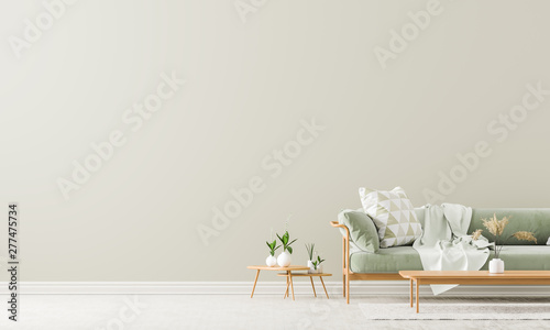 Scandinavian style interior with sofa and coffe table. Empty wall mock up in minimalist interior with pastel colors. 3D illustration. photo