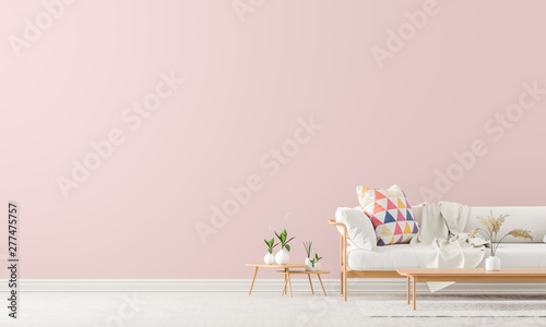 Fototapeta Naklejka Na Ścianę i Meble -  Scandinavian style interior with sofa and coffe table. Empty wall mock up in minimalist interior with pastel colors. 3D illustration.