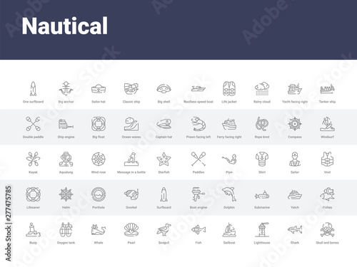 50 nautical set icons such as skull and bones, shark, lighthouse, sailboat, fish, seagull, pearl, whale, oxygen tank. simple modern vector icons can be use for web mobile