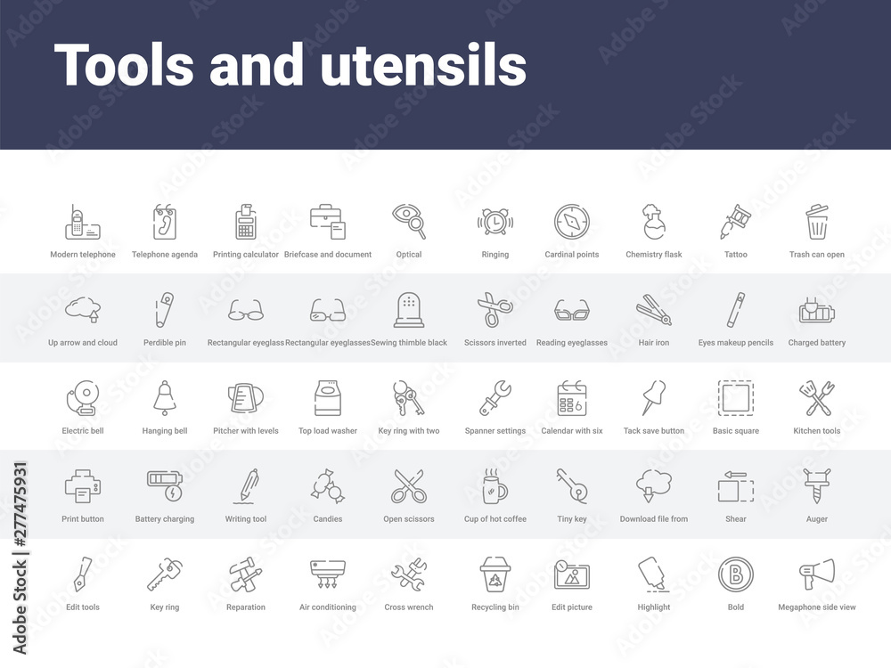 50 tools and utensils set icons such as megaphone side view, bold, highlight, edit picture, recycling bin, cross wrench, air conditioning, reparation, key ring. simple modern vector icons can be use 50 tools and utensils set icons such as megaphone side view, bold, highlight, edit picture, recycling bin, cross wrench, air conditioning, reparation, key ring. simple modern vector icons can be use