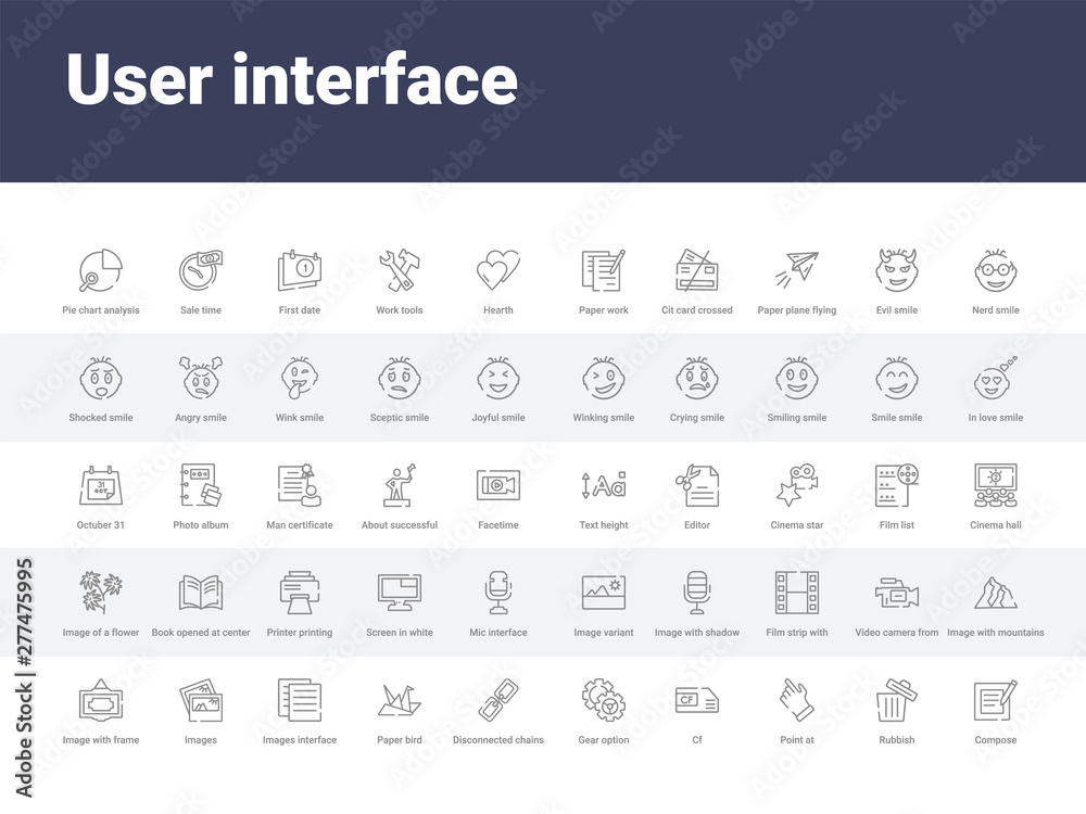 50 user interface set icons such as compose, rubbish, point at, cf, gear option, disconnected chains, paper bird, images interface, images. simple modern vector icons can be use for web mobile