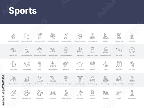 50 sports set icons such as sprained ankle, squash, waterpolo, bullseye, stretching, skiing down hill, racing bike, baseball ball, basketball ball with line. simple modern vector icons can be use