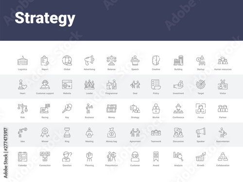50 strategy set icons such as collaboration, growth, analysis, award, customer, presentation, planning, question, connection. simple modern vector icons can be use for web mobile