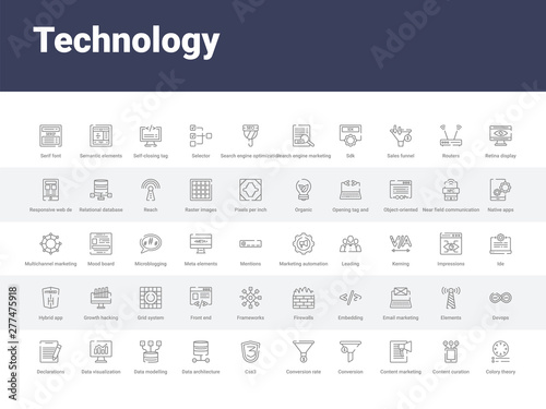 50 technology set icons such as colory theory, content curation, content marketing, conversion, conversion rate optimization, css3, data architecture, data modelling, data visualization. simple