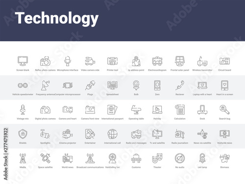 50 technology set icons such as biomass, led lamp, no audio, theater, customs, ventilating fan, broadcast communications tower, world news, space satellite. simple modern vector icons can be use for