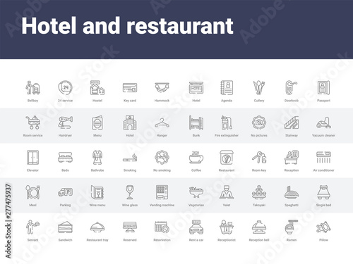 50 hotel and restaurant set icons such as pillow, ramen, reception bell, receptionist, rent a car, reservation, reserved, restaurant tray, sandwich. simple modern vector icons can be use for web