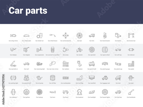 50 car parts set icons such as car handbrake, car hard top, hazard lights, headlight, headrest, hood, horn, hubcap, ignition. simple modern vector icons can be use for web mobile
