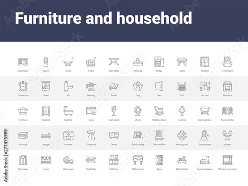 50 furniture and household set icons such as window coverings, carpet sweeper, wall shelves, rugs, table linens, cabinets, card table, glassware, linens. simple modern vector icons can be use for