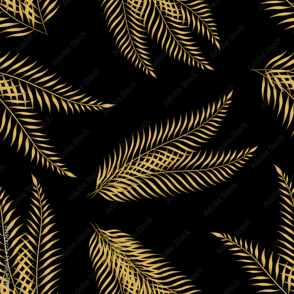 Gold palm leaves seamless pattern. Gold leaf on black background. Vector illustration background. For print, textile, web, home decor, fashion, surface, graphic design