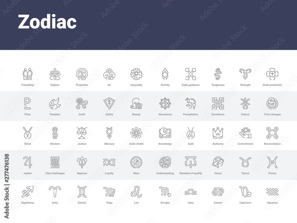 50 zodiac set icons such as aquarius, capricorn, cancer, libra, scorpio, leo, virgo, gemini, aries. simple modern vector icons can be use for web mobile