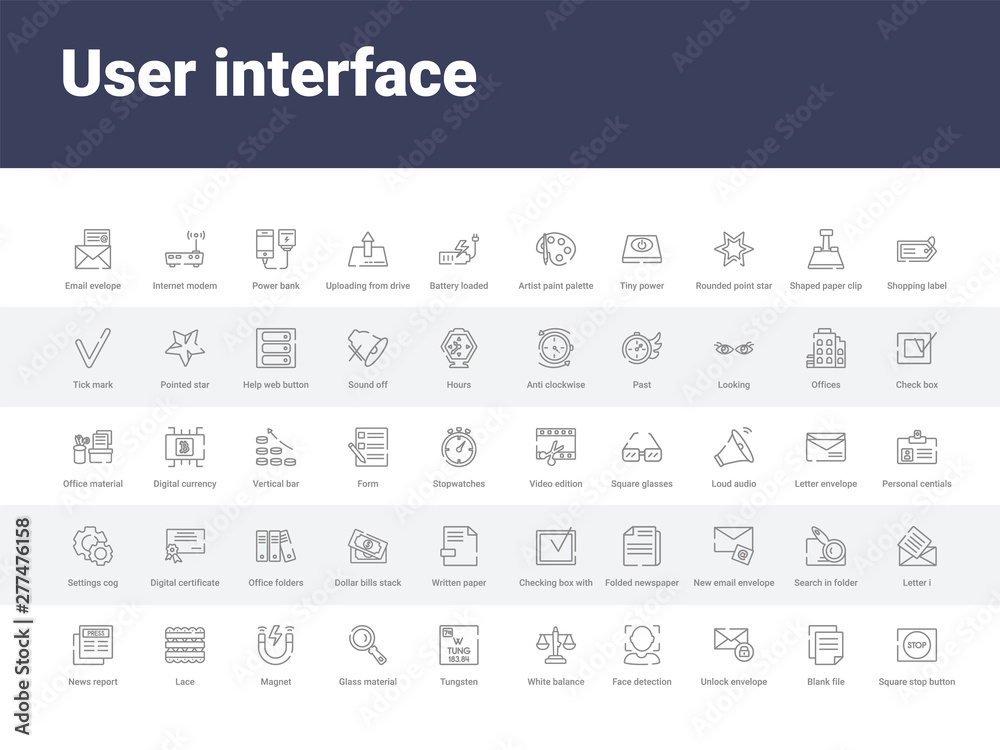 50 user interface set icons such as square stop button, blank file, unlock envelope, face detection, white balance, tungsten, glass material, magnet, lace. simple modern vector icons can be use for 50 user interface set icons such as square stop button, blank file, unlock envelope, face detection, white balance, tungsten, glass material, magnet, lace. simple modern vector icons can be use for