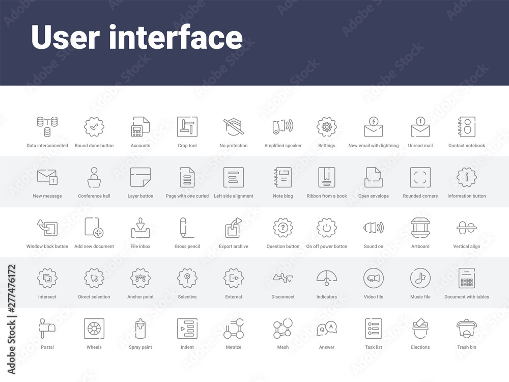 50 user interface set icons such as trash bin, elections, task list, answer, mesh, metrize, indent, spray paint, wheels. simple modern vector icons can be use for web mobile