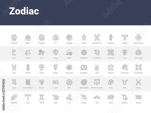 50 zodiac set icons such as aquarius, capricorn, cancer, libra, scorpio, leo, virgo, gemini, aries. simple modern vector icons can be use for web mobile