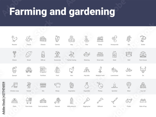50 farming and gardening set icons such as bale of hay, trailer, hoe, billhook, digging bar, milk products, harvest, farm products, farm tools. simple modern vector icons can be use for web mobile