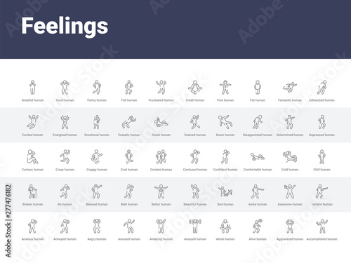 50 feelings set icons such as accomplished human, aggravated human, alive human, alone amazed amazing amused angry annoyed simple modern vector icons can be use for web mobile