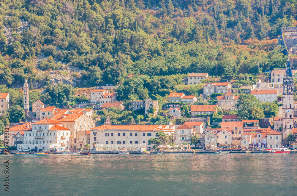 View of the ancient city of Perast in the Bay of Kotor, Montenegro. Perast, a traditional Balkan mountain landscape.