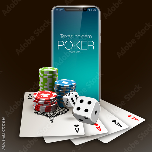 Vector illustration Online Poker casino banner with a mobile phone, chips, playing cards and dice. Marketing Luxury Banner Jackpot Online Casino with New model Smartphone. Empty advertising poster.