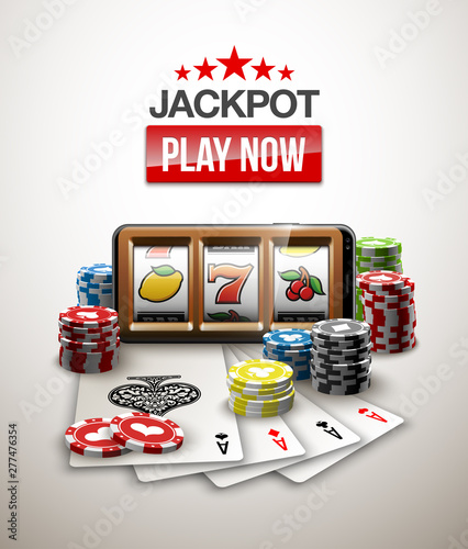 big win illustration Online Jackpot casino Slot machine banner in mobile phone. Chips, playing card, dice. Marketing Luxury Banner Jackpot Online Casino game Slot-machine in Smartphone play now poster