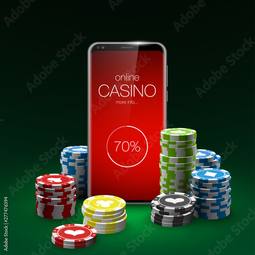 illustration Online Poker casino banner with a mobile phone, chips, playing cards and dice. Marketing Luxury Banner Jackpot Online Casino with New model Smartphone. Empty advertising poster.