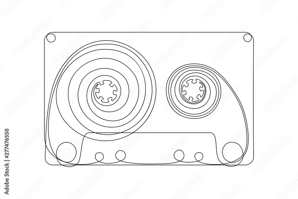 Cassette tape in one line art drawing style. Black line sketch on white background. Vector illustration Cassette tape in one line art drawing style. Black line sketch on white background. Vector illustration