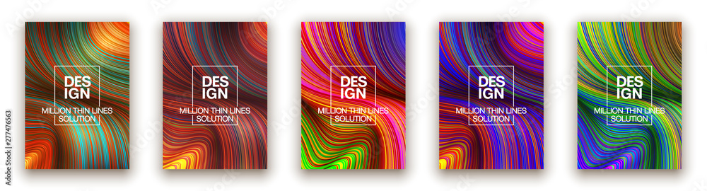 Fototapeta premium Fashion poster million thin lines luxury design. Liquid wave lines fashion background. Beautiful flowing drape textiles from many thin fibers. Vector illustration vogue drape banner EPS10 set