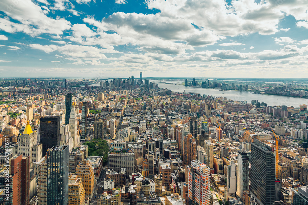 New York City Aerial View with Beautiful Cloudy  Sky on the Horizon