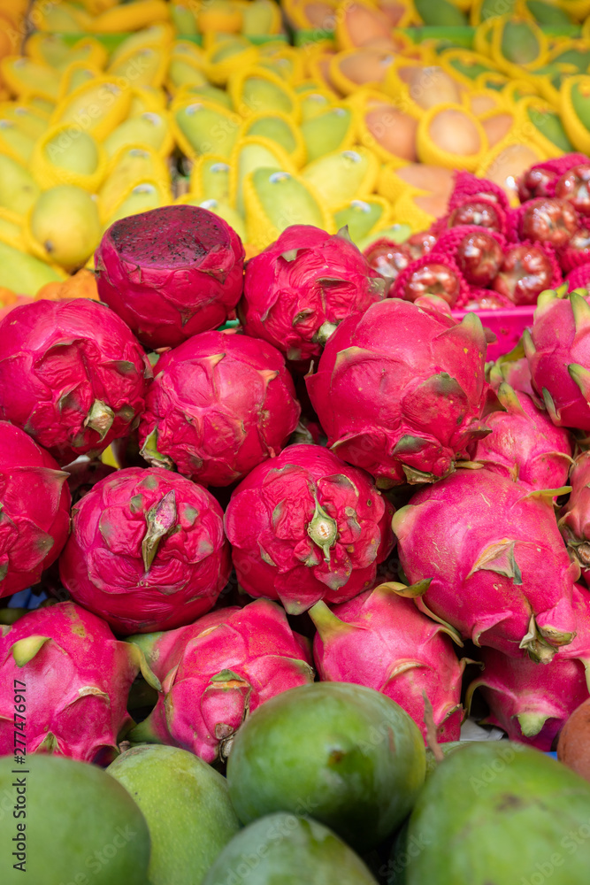 Dragon fruit pitahaya on the counter Asian market Dragon fruit pitahaya on the counter Asian market