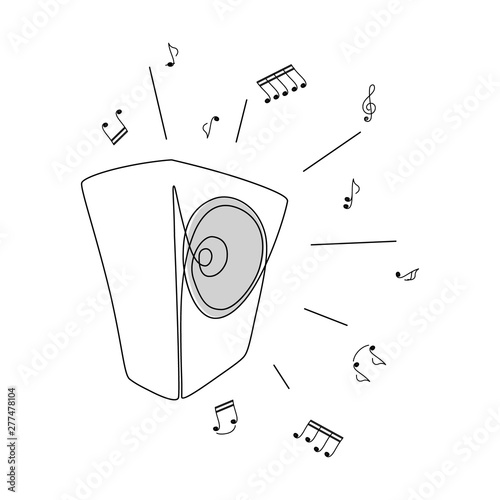 Acoustic speaker and music notes. Vector illustration in line art drawing style