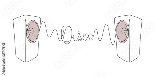 Sound wave between two music speakers in one line art drawing style. Disco party vector illustration