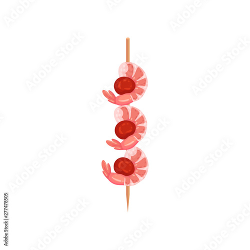 Shrimp meat with berries on a skewer. Vector illustration on white background.