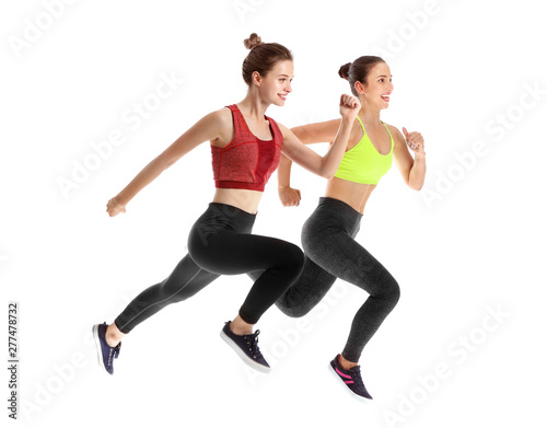 Running sporty women on white background